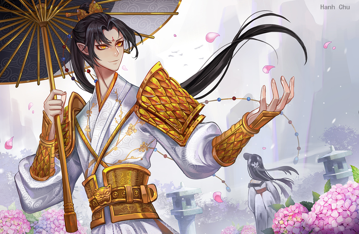 armor, black_hair, flowers, hanh_chu, identity_v, japanese_clothes, kimono, long_hair
