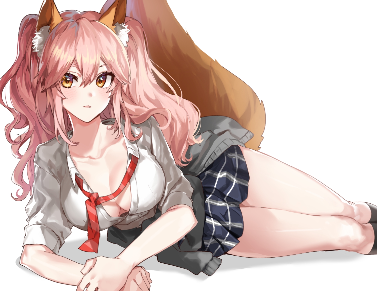 animal_ears, blush, breasts, brown_eyes, cleavage, fate/grand_order, fate_(series), foxgirl, kneehighs, long_hair, open_shirt, pink_hair, s2riridoll, school_uniform, skirt, tail, tamamo_no_mae_(fate), tie, twintails, white