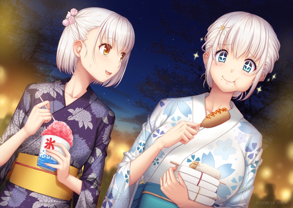 2girls, aliasing, aqua_eyes, blush, breasts, clouds, food, japanese_clothes, miyai_sen, night, orange_eyes, original, short_hair, sky, stars, summer, watermark, white_hair, yukata