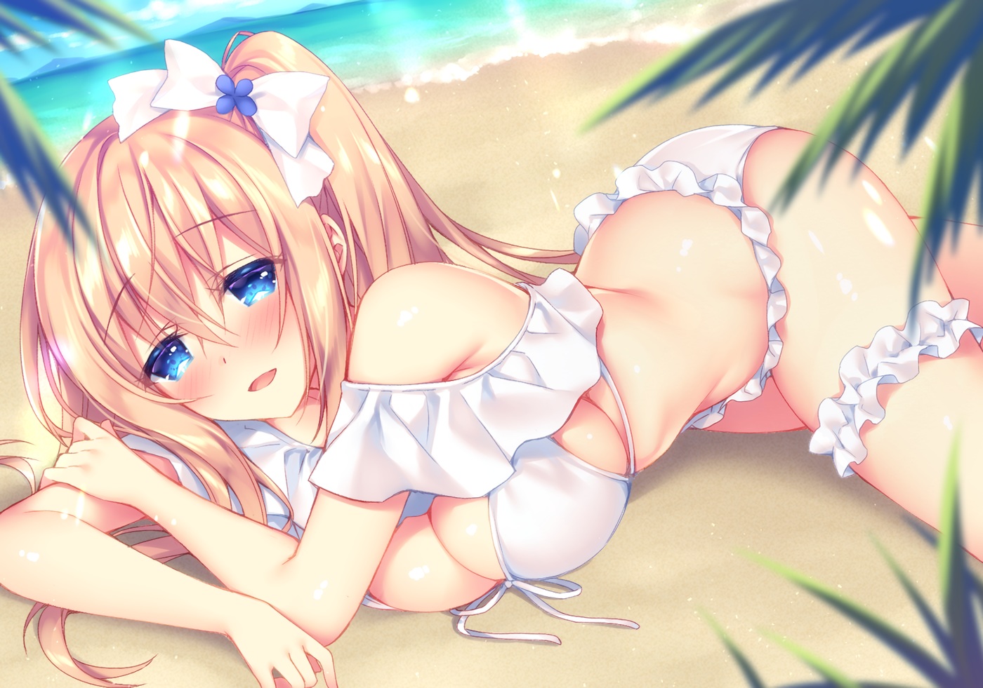 aqua_eyes, beach, bikini, blonde_hair, blush, bow, breasts, cleavage