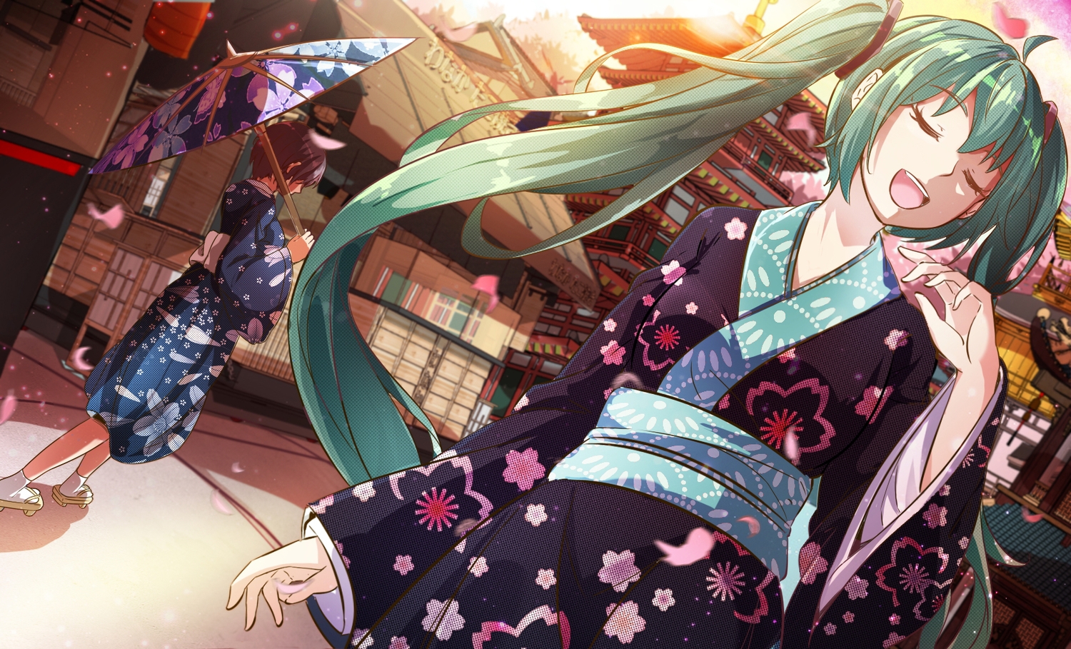 2girls, 627247421, blue_hair, building, city, hatsune_miku, japanese_clothes, long_hair, petals, tagme_(character), twintails, umbrella, vocaloid