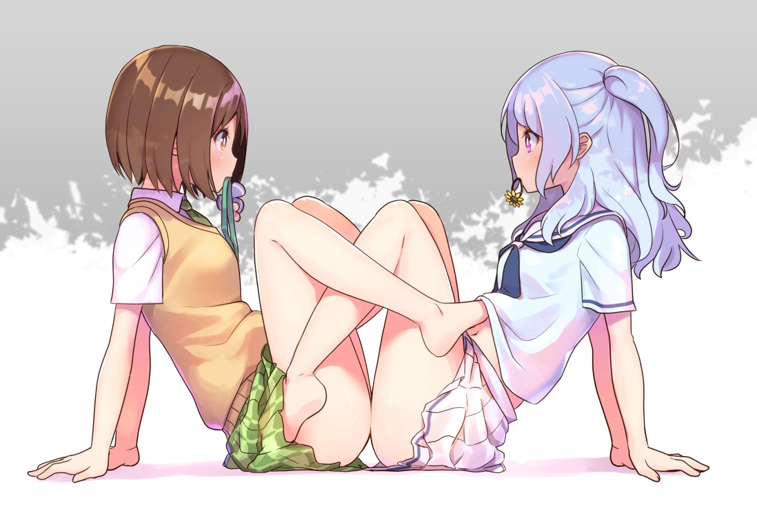 2girls, bang_dream!, barefoot, blue_hair, brown_eyes, brown_hair, crossover, hazawa_tsugumi, matsubara_kanon, navel, purple_eyes, sayonara_zetsubou_sensei, school_uniform, shikei_(jigglypuff), short_hair, skirt