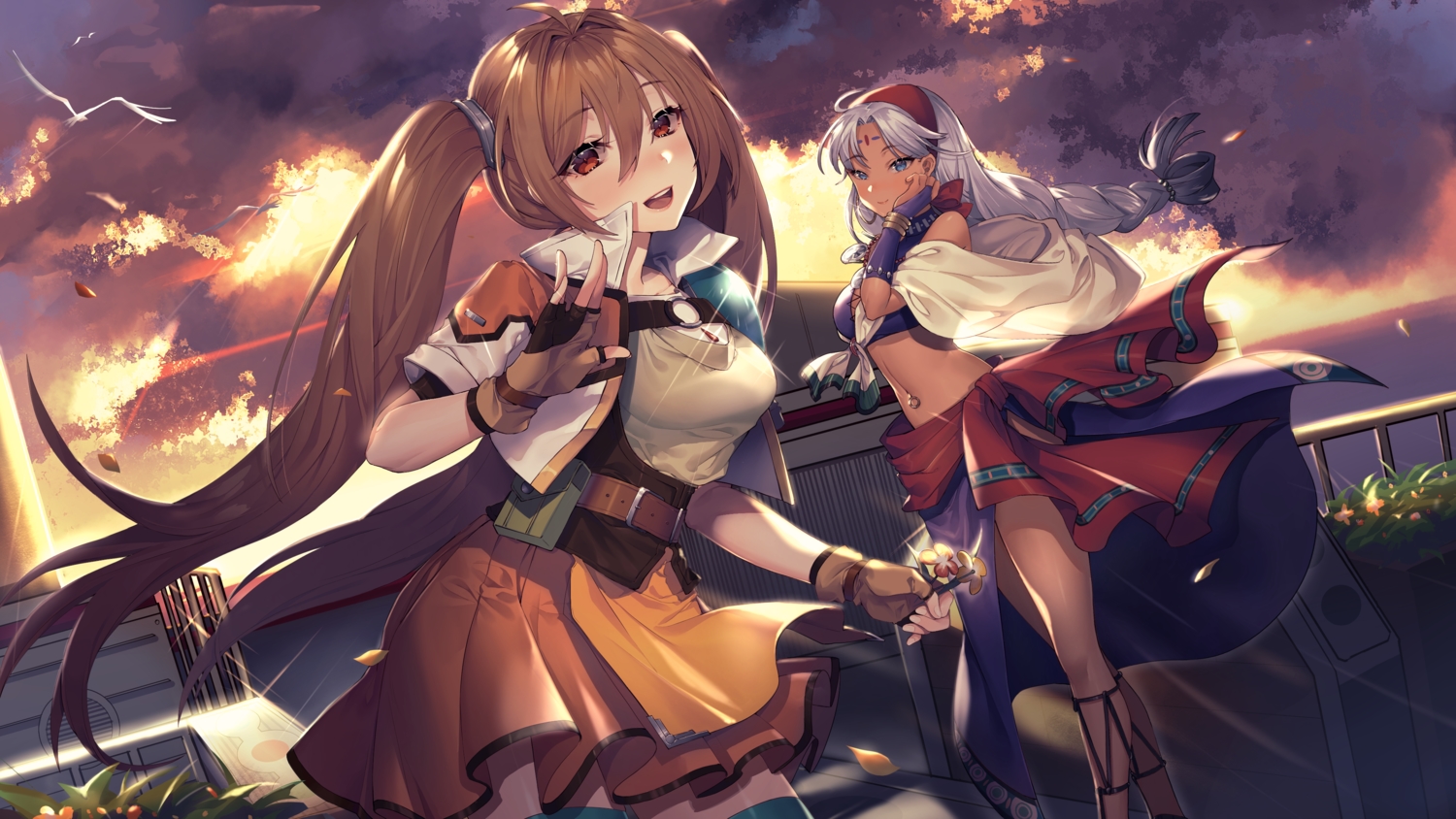 2girls, animal, armor, bird, blue_eyes, braids, brown_hair, clouds, dark_skin, dress, eiyuu_densetsu, elbow_gloves, estelle_bright, gloves, gray_hair, headband, iiiroha, long_hair, navel, necklace, petals, ponytail, red_eyes, scherazard_harvey, skirt, sky, sora_no_kiseki, sunset, thighhighs, twintails