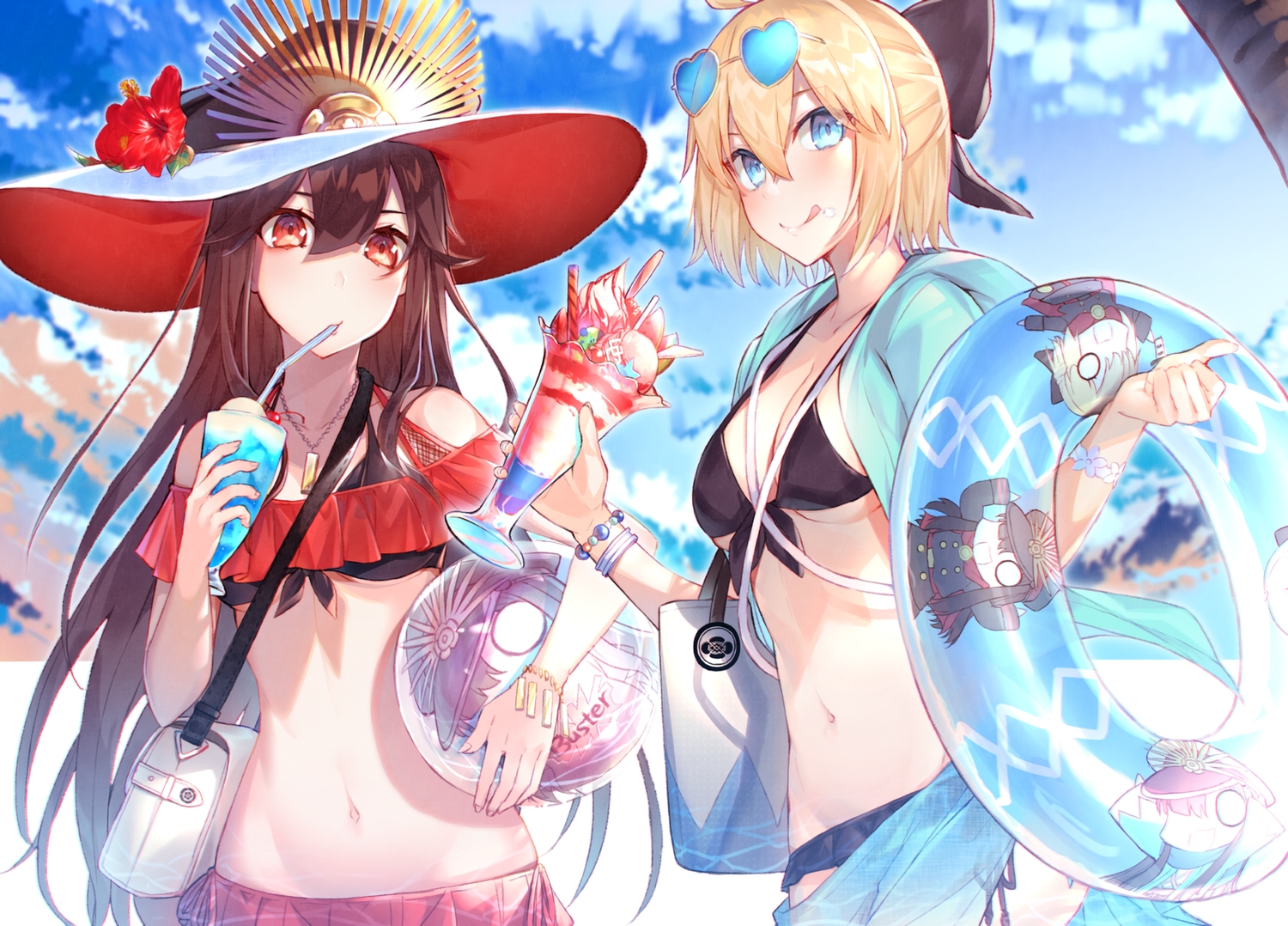 2girls, aqua_eyes, ball, bikini, blonde_hair, breasts, brown_hair, cherry