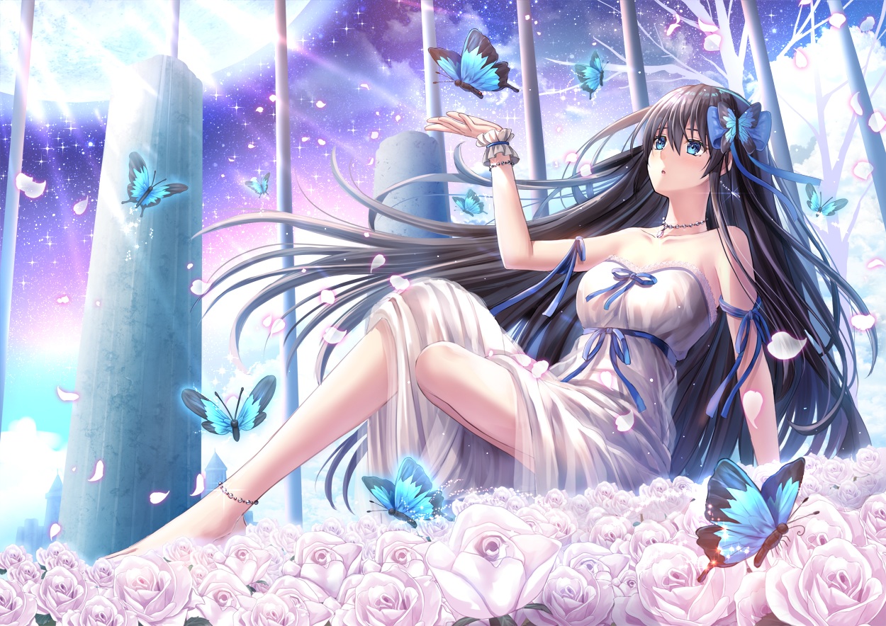 aqua_eyes, black_hair, bow, breasts, butterfly, flowers, moon, necklace