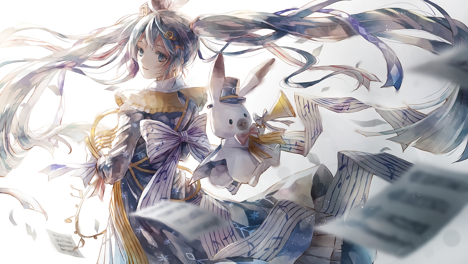 animal, blue_eyes, blue_hair, bow, dress, gradient, hatsune_miku, long_hair, misaki_yuu_(misaki_1192), paper, rabbit, ribbons, twintails, vocaloid, waifu2x, yuki_miku, yukine_(vocaloid)
