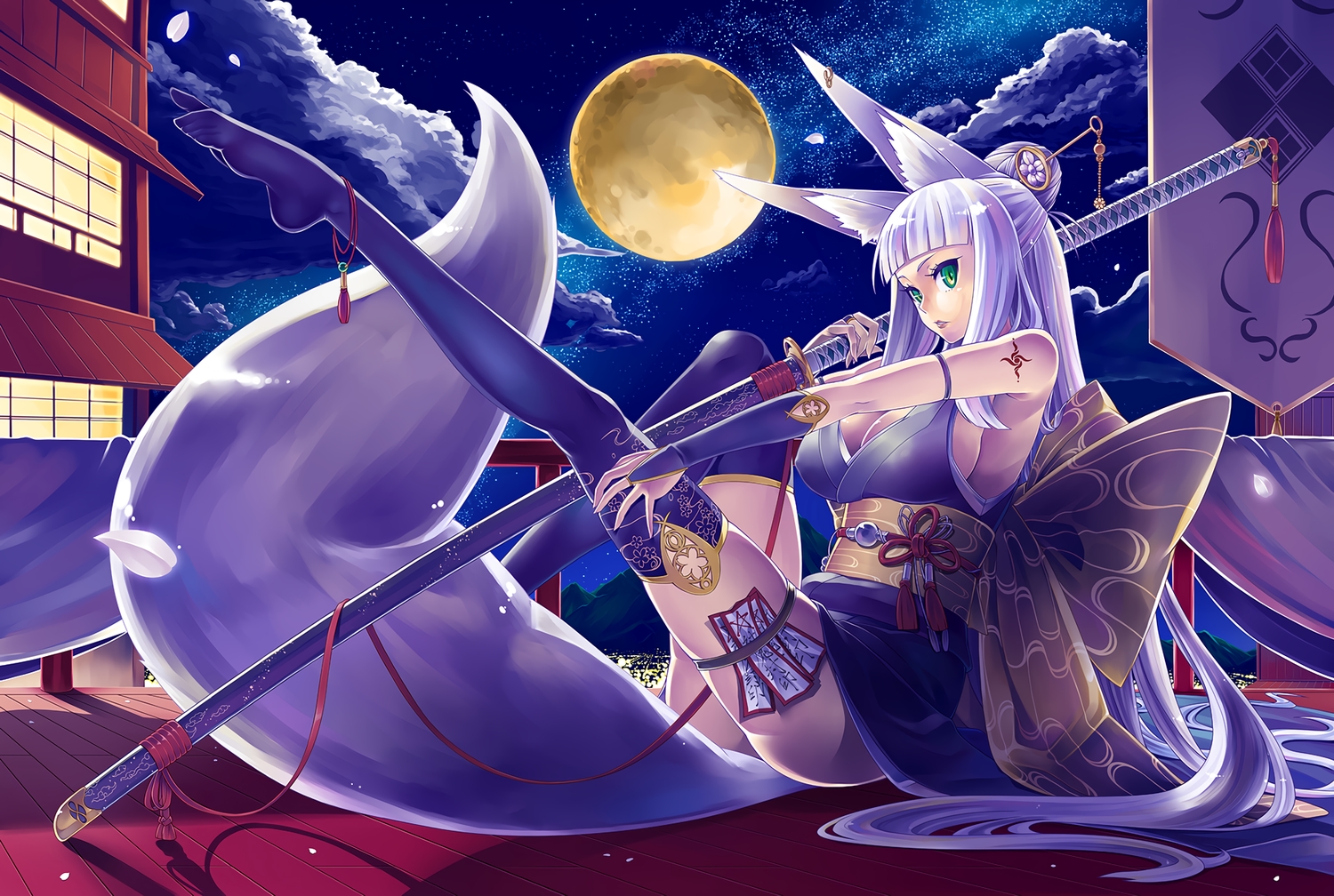 animal_ears, bow, breasts, building, cleavage, clouds, erect_nipples, foxgirl, garter, gloves, gray_hair, green_eyes, japanese_clothes, katana, long_hair, moon, night, ofuda, original, rooftop, seihou, sky, stars, sword, tail, tattoo, thighhighs, weapon