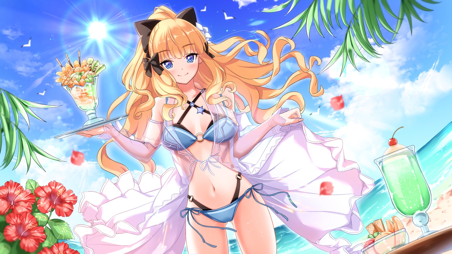 aliasing, beach, bikini, blonde_hair, blue_eyes, blush, bow, cherry, clouds, drink, flowers, food, fruit, ktmzlsy720, leaves, long_hair, navel, pocky, ponytail, princess_connect!, sasaki_saren, see_through, skirt_lift, sky, summer, swimsuit, water