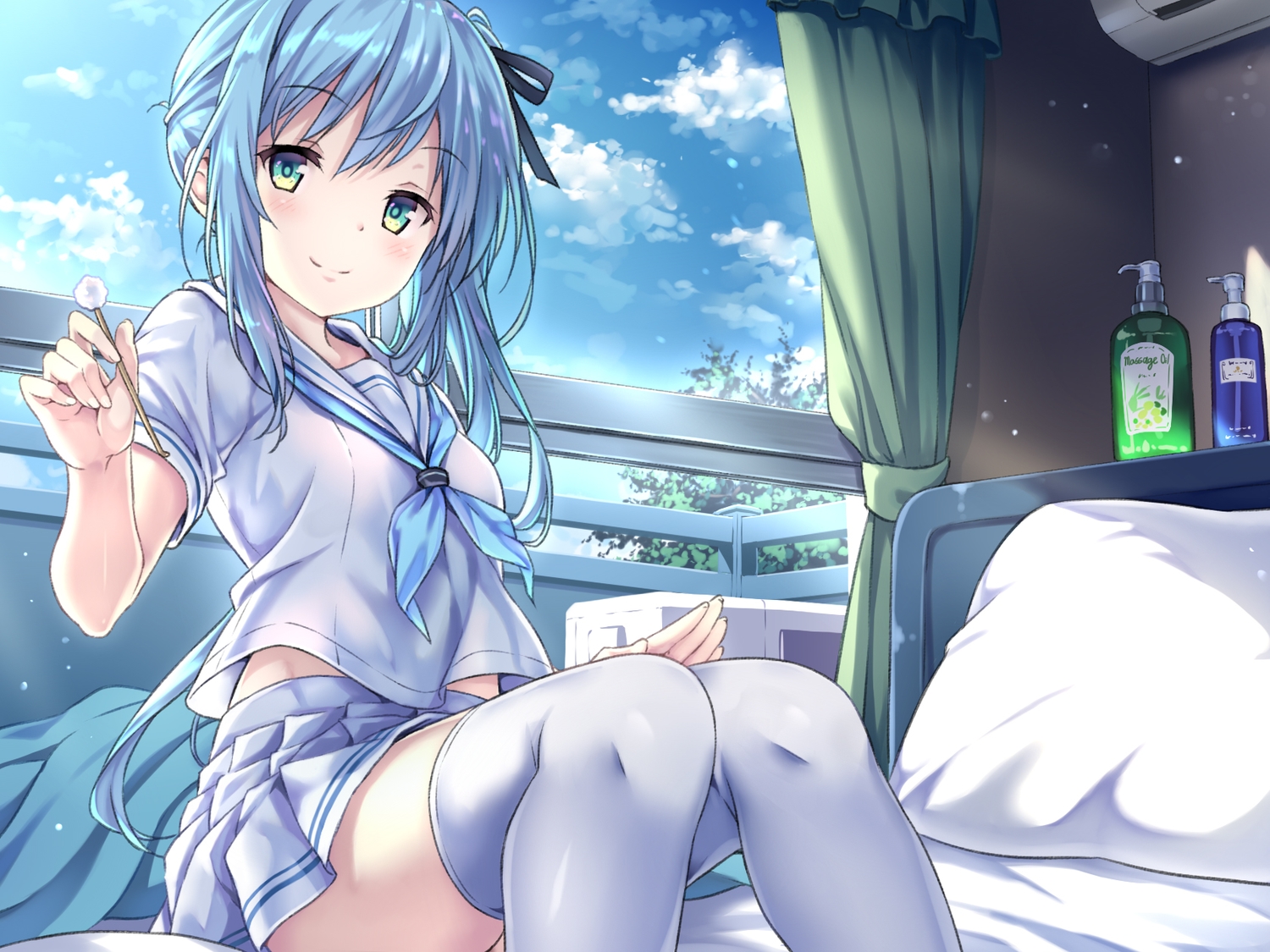 aqua_hair, bed, blush, clouds, green_eyes, nemo_(piisukun), original, ponytail, school_uniform, skirt, sky, thighhighs, zettai_ryouiki