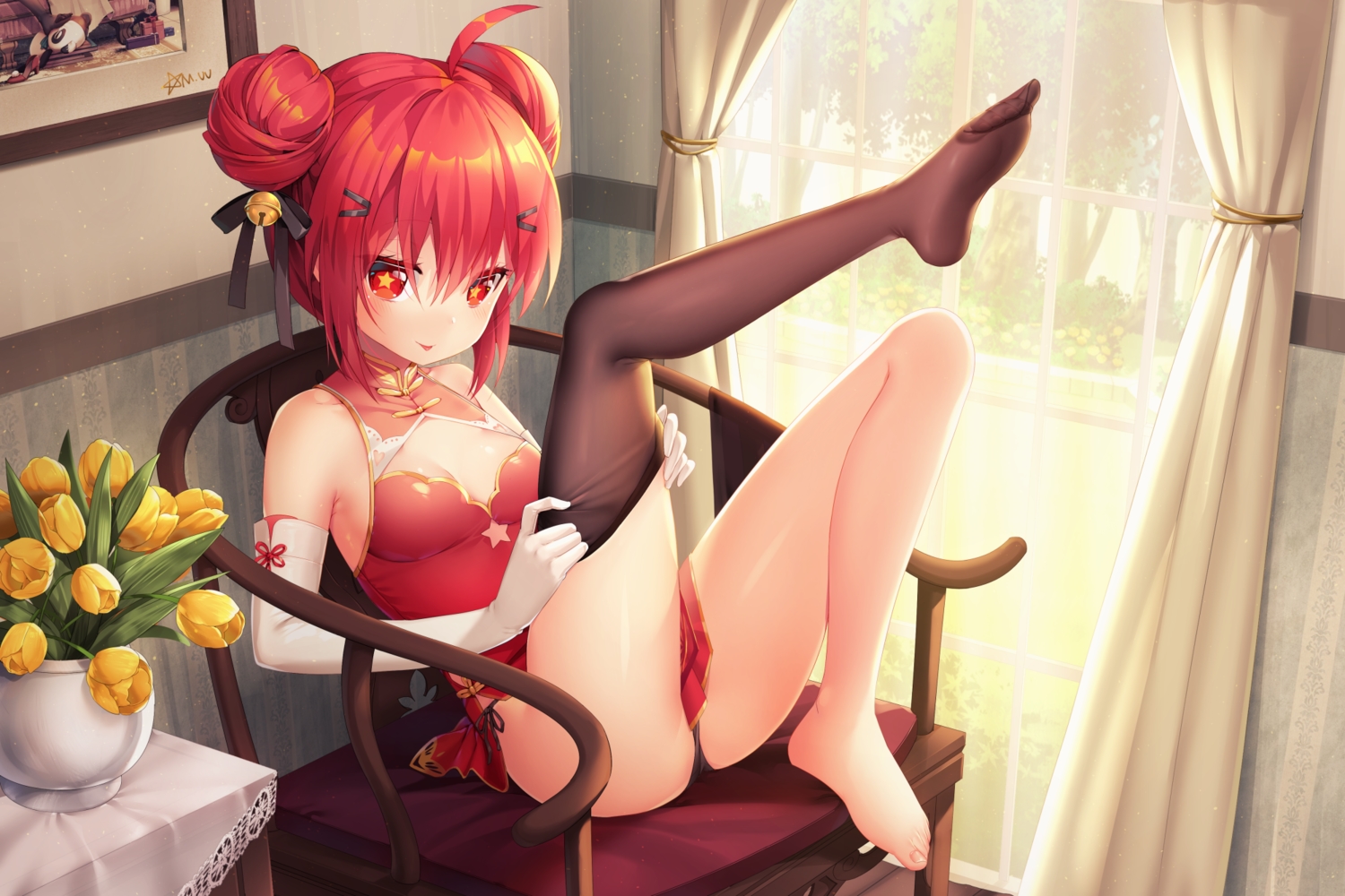 barefoot, bell, breasts, chinese_clothes, chinese_dress, cleavage, dress, flowers