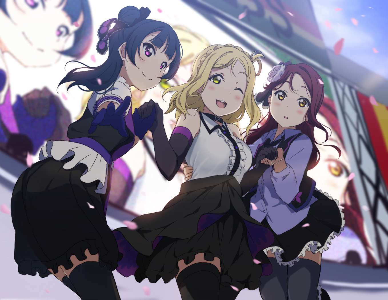 black_hair, blonde_hair, elbow_gloves, gloves, icehotmilktea, love_live!_school_idol_project, love_live!_sunshine!!, ohara_mari