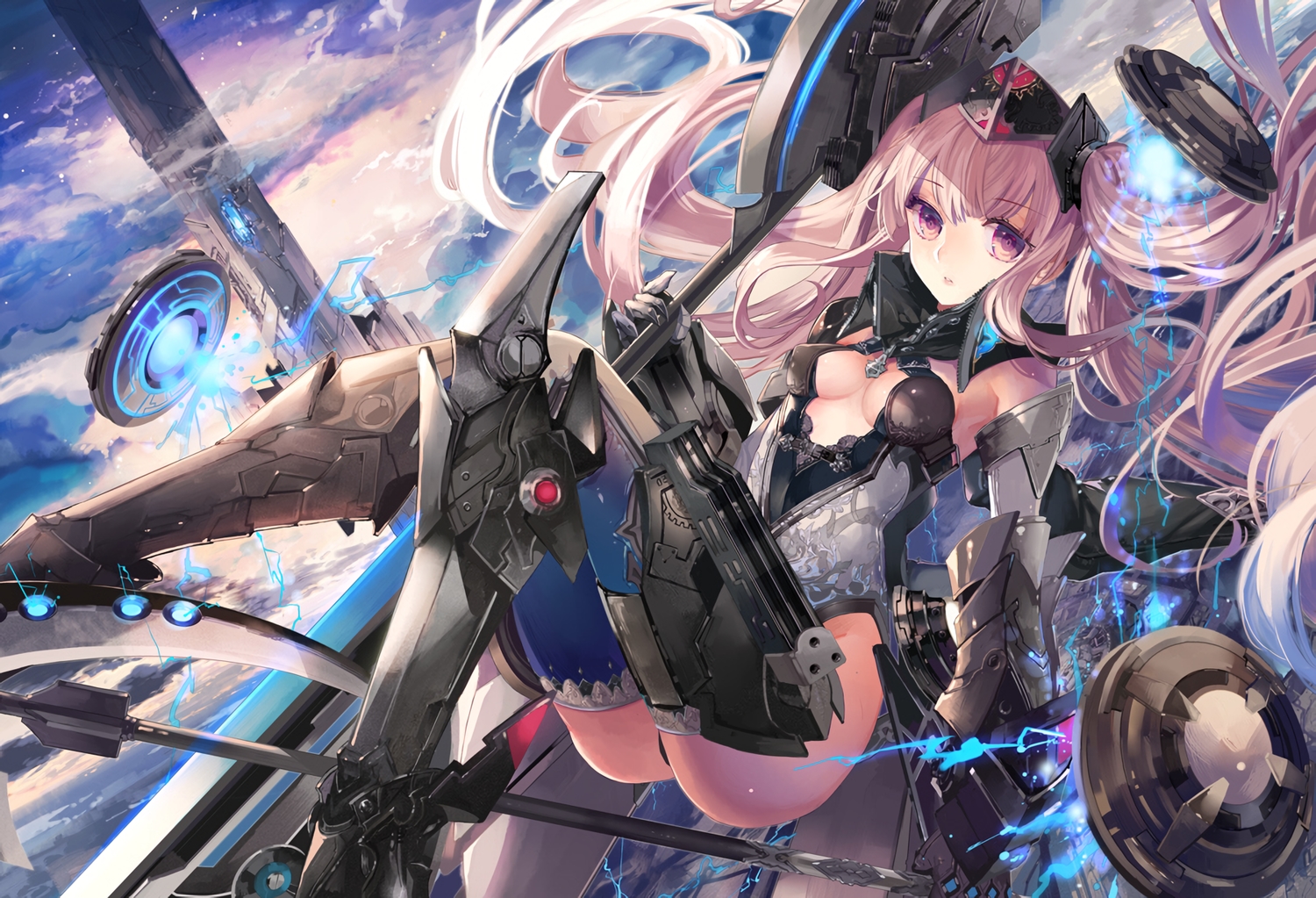 armor, breasts, clouds, hat, long_hair, mechagirl, original, pink_eyes