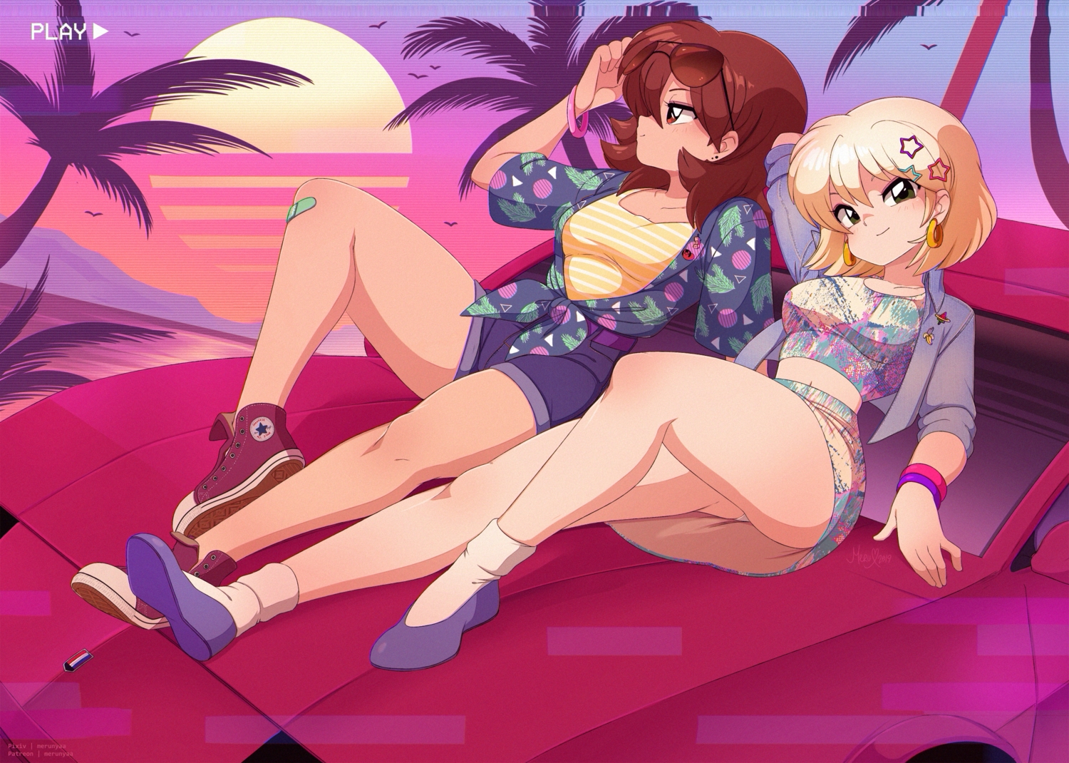 2girls, aliasing, blonde_hair, brown_eyes, brown_hair, car, green_eyes, merunyaa, navel, original, sammy_(bestsammy), short_hair, shorts, signed, skirt, sunglasses, watermark, wristwear