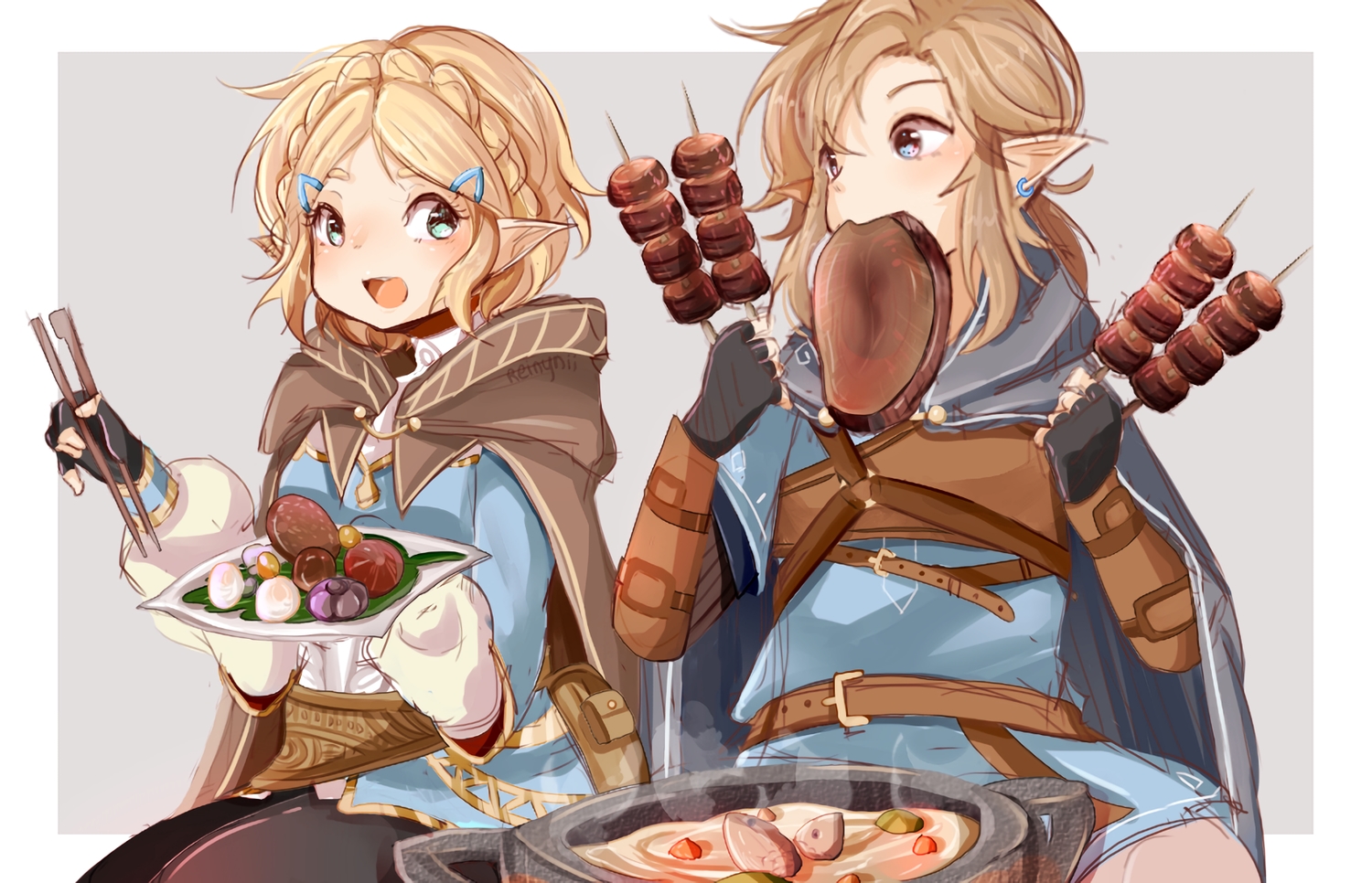 blonde_hair, blue_eyes, braids, brown_hair, cape, food, gloves, green_eyes, hood, link_(zelda), male, pointed_ears, ponytail, princess_zelda, reinynii, short_hair, sketch, the_legend_of_zelda, waifu2x