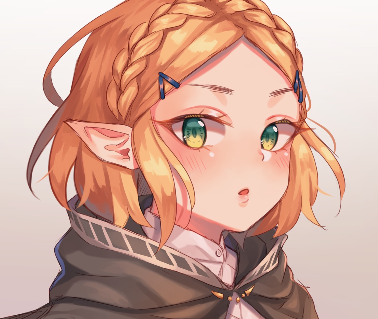 blonde_hair, blush, braids, close, cropped, gradient, green_eyes, hood, pointed_ears, princess_zelda, short_hair, sketch, the_legend_of_zelda, tsukiaki_teriyaki