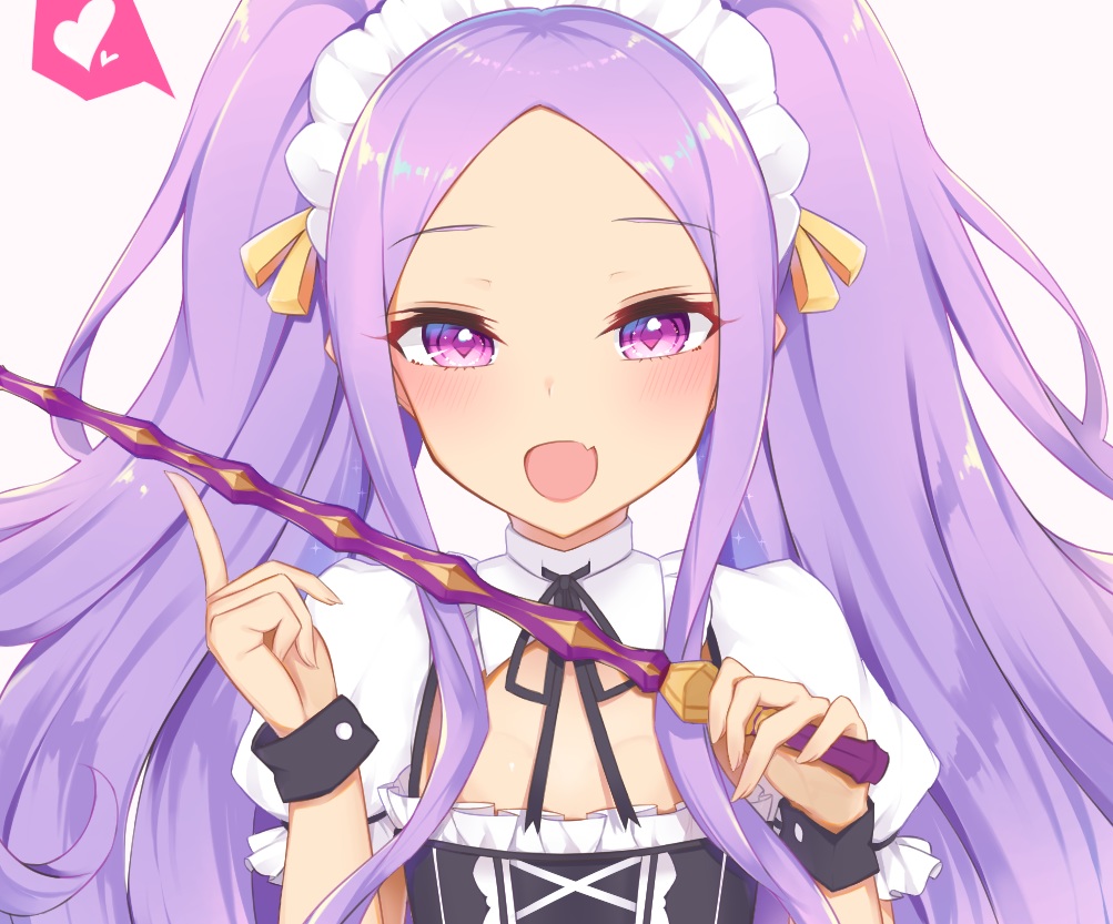 blush, cropped, fang, fate/grand_order, fate_(series), flat_chest, headdress, heart, loli, long_hair, maid, meuneyu, purple_eyes, purple_hair, twintails, wand, wristwear, wu_zetian_(fate)
