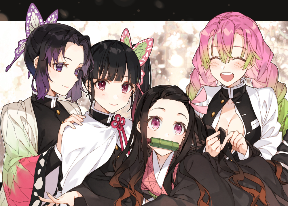 black_hair, blush, breasts, cape, cleavage, gag, group, japanese_clothes