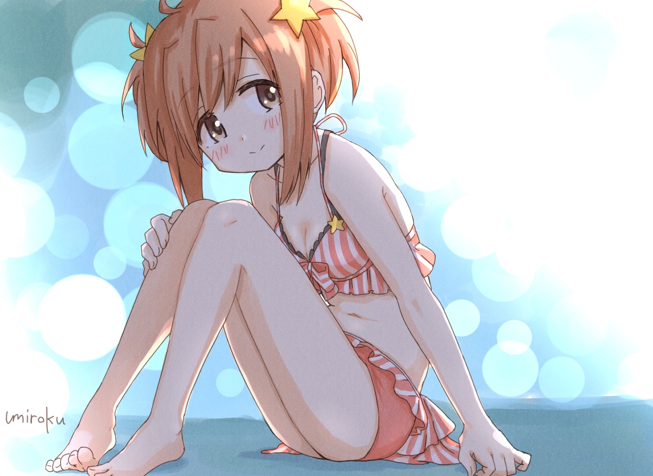 barefoot, bikini, blush, breasts, brown_eyes, cleavage, kirara_fantasia, kirara_(kirara_fantasia)