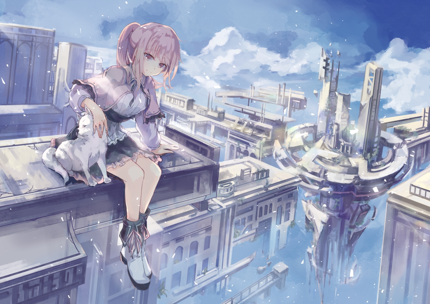 animal, building, clouds, dog, long_hair, original, pink_eyes, pink_hair