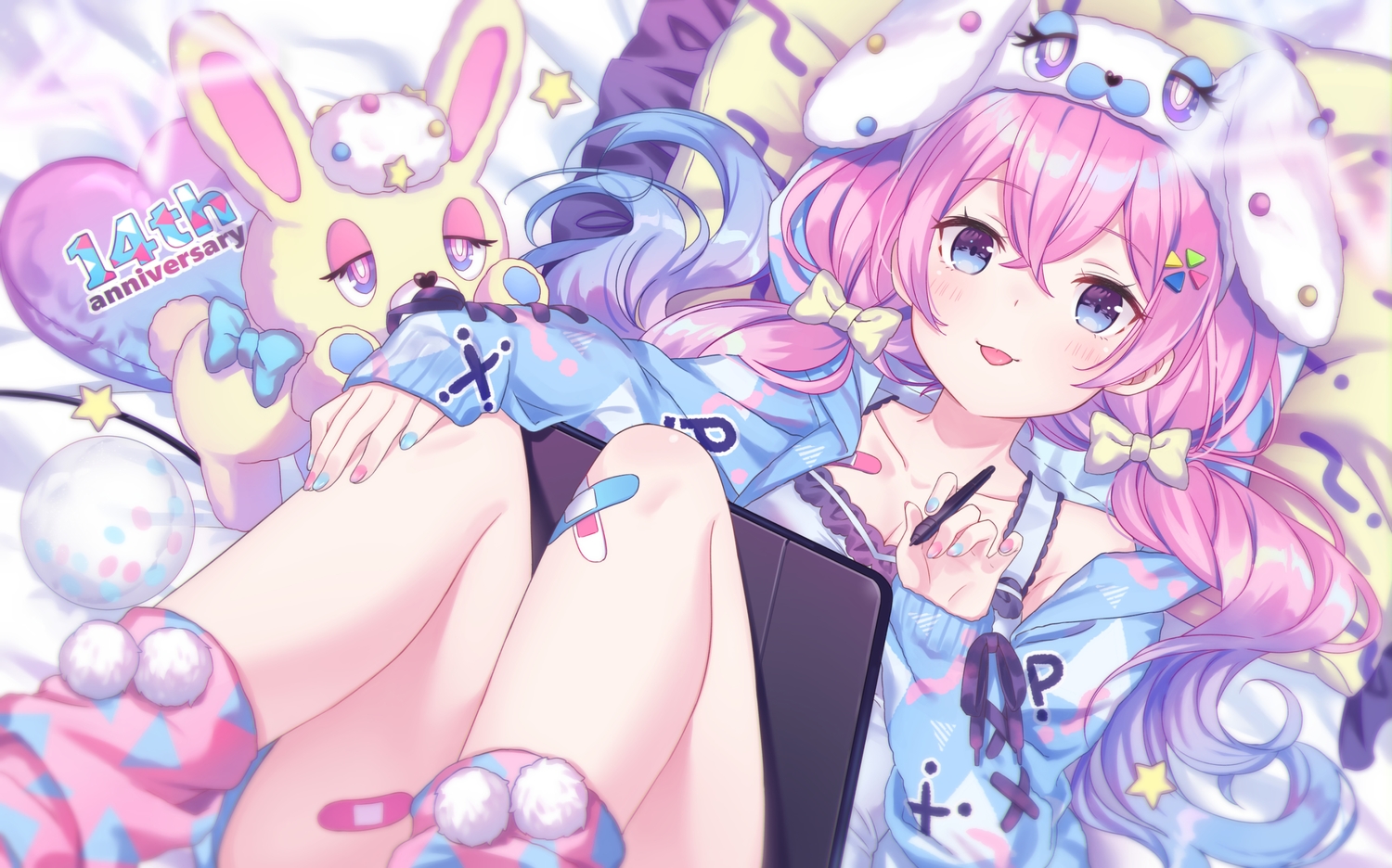 animal_ears, bandaid, bed, blue_eyes, blush, bow, bunny_ears, bunnygirl, hat, hood, jimmy_madomagi, long_hair, original, pink_hair, socks, twintails, xp-pen