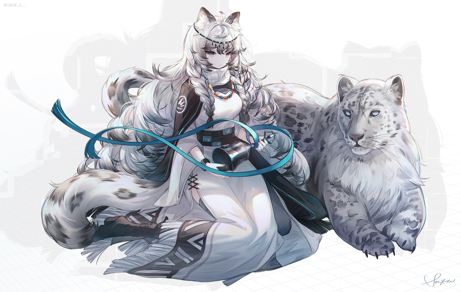 animal, animal_ears, arknights, bell, blue_eyes, boots, braids, cape