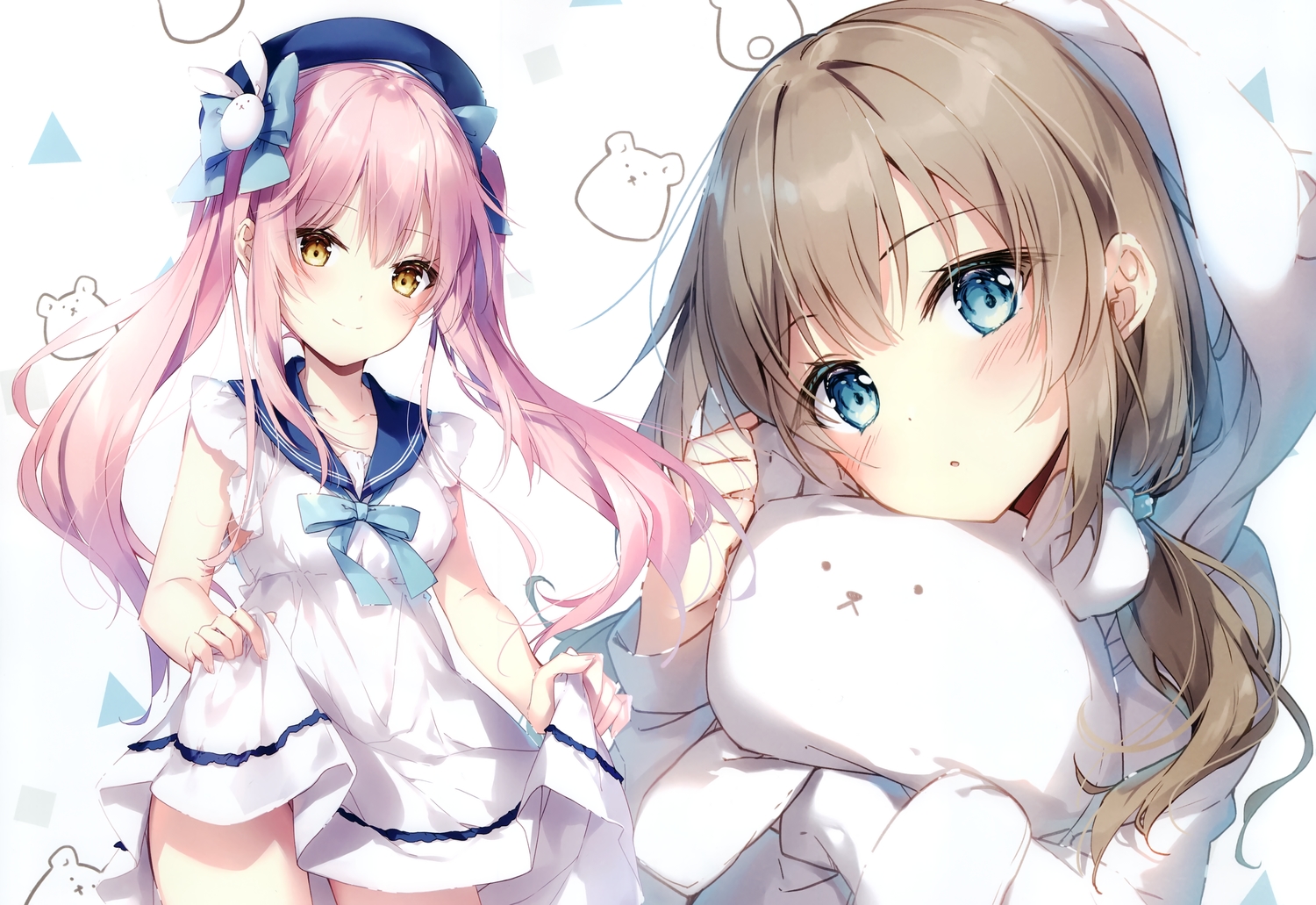 2girls, blue_eyes, blush, brown_hair, dress, hat, hood, hug, livercity, long_hair, mashiro_kuma, mochizuki_shiina, pink_hair, ponytail, scan, school_uniform, summer_dress, yellow_eyes
