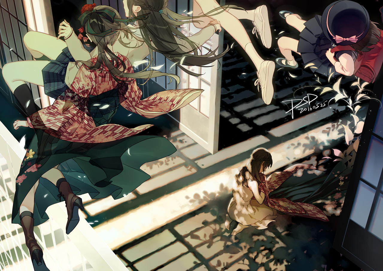 black_hair, boots, bow, braids, flowers, hat, japanese_clothes, kimono