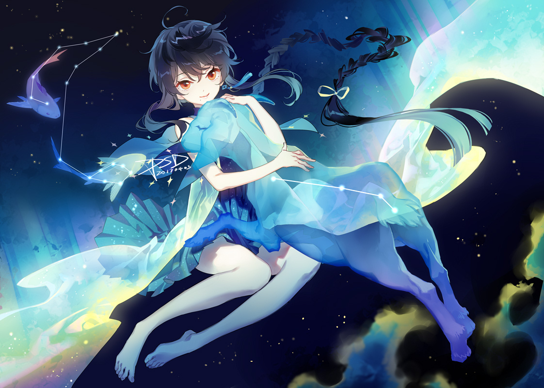 animal, barefoot, black_hair, braids, dress, fish, long_hair, ponytail