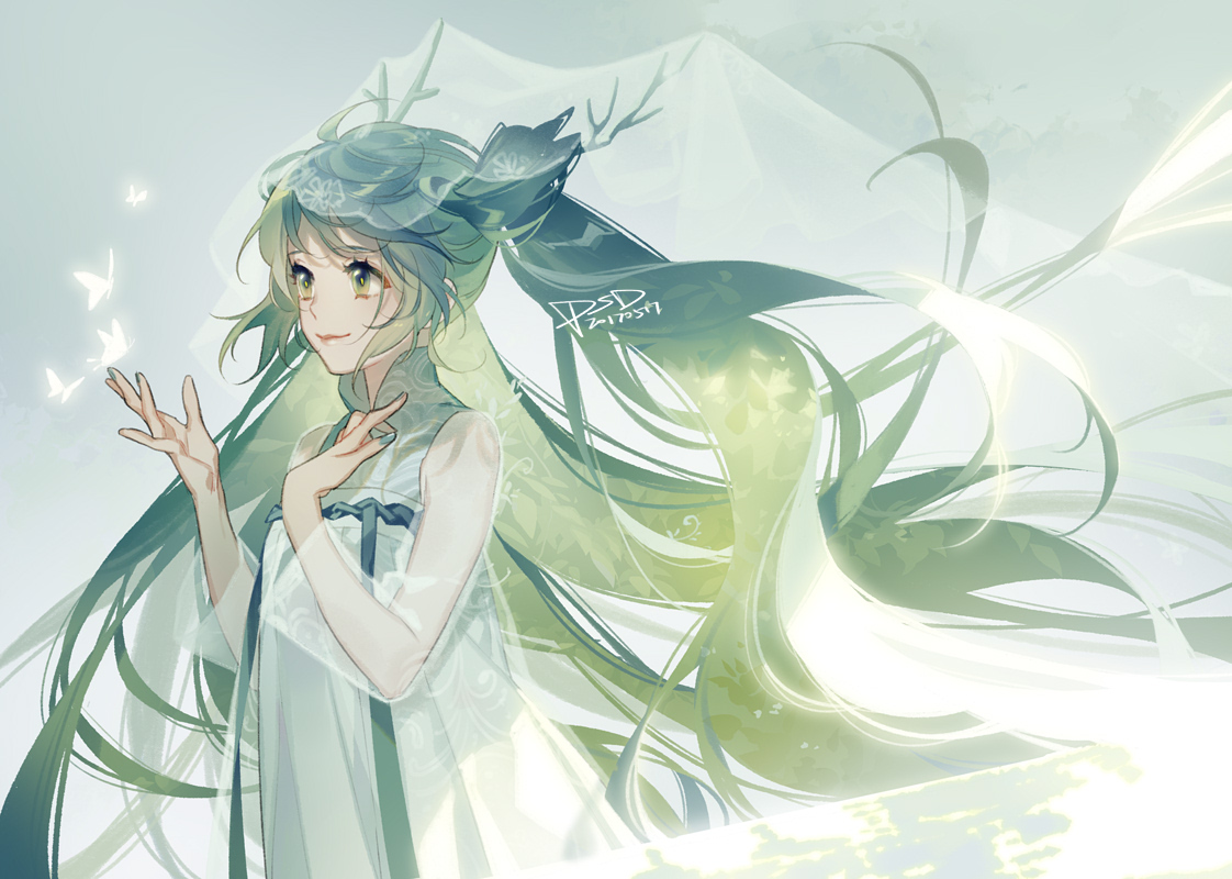 butterfly, chinese_clothes, dress, green_eyes, green_hair, hatsune_miku, headdress, horns