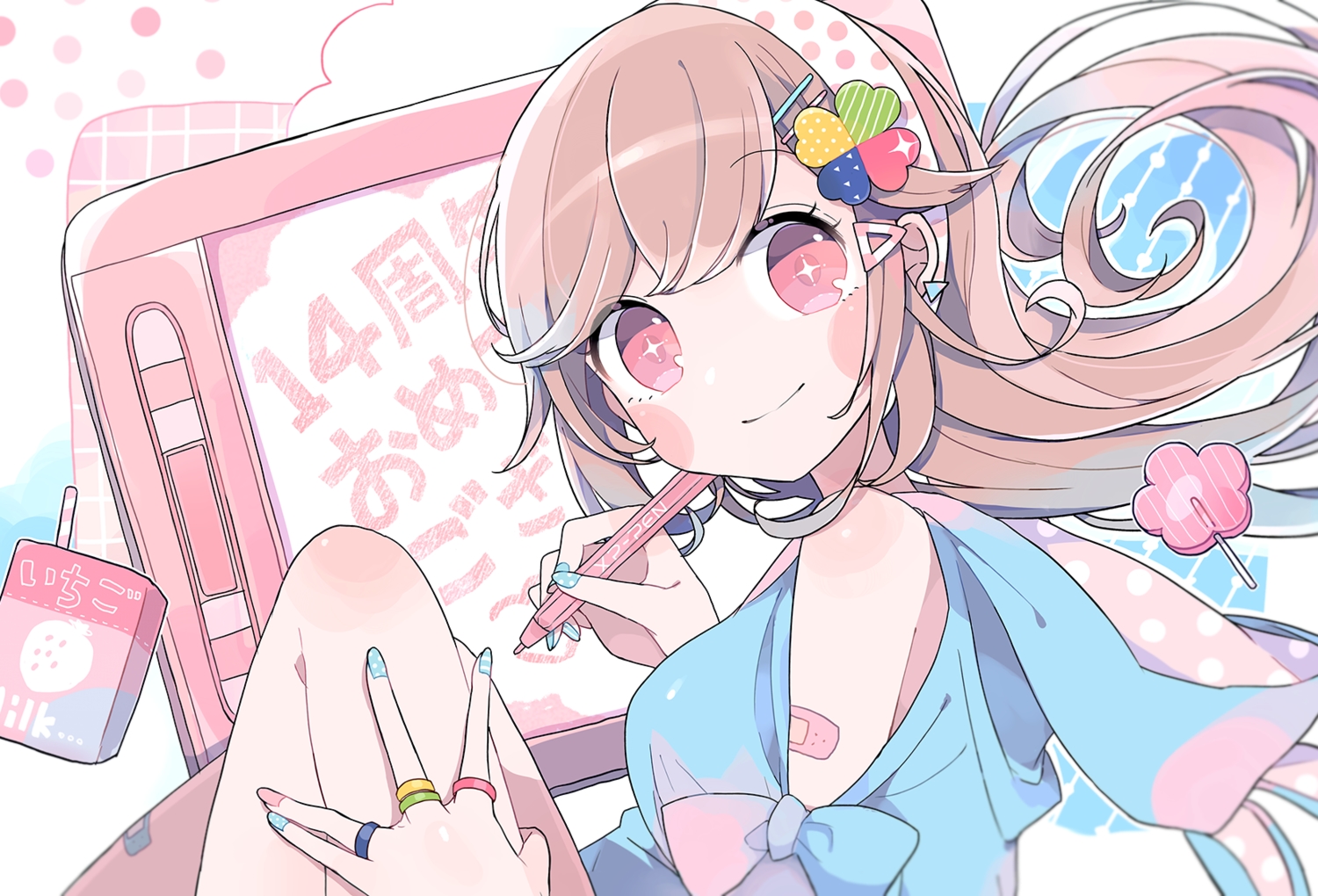 bandaid, bow, brown_hair, candy, chon_(chon33v), computer, drink, hood