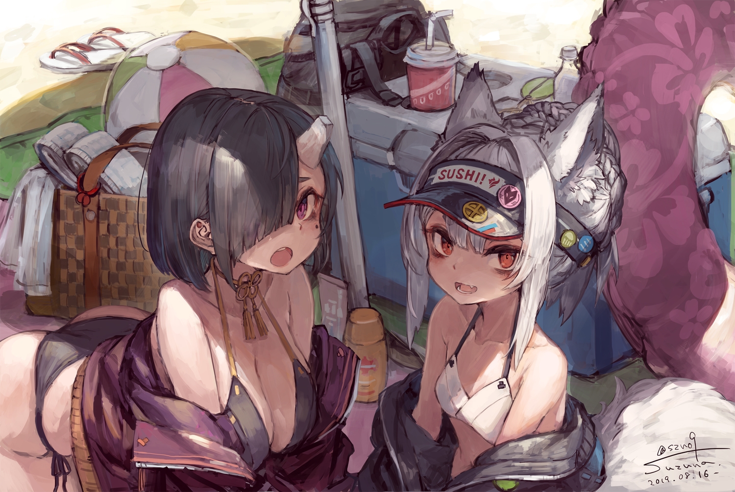 2girls, animal_ears, ass, ball, bikini, black_hair, braids, breasts