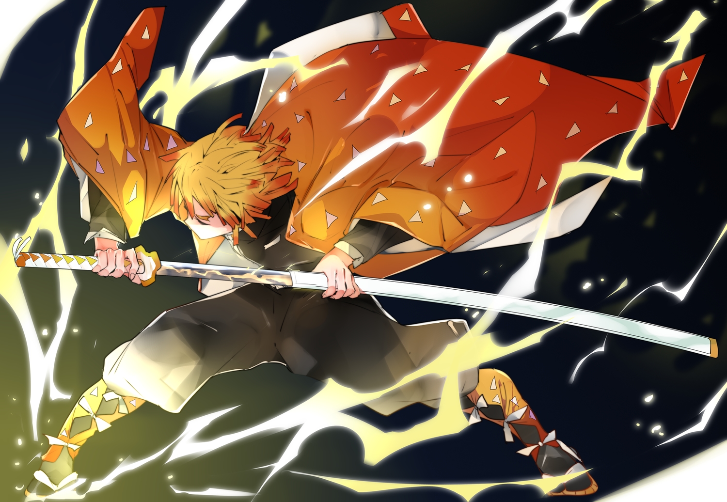 agatsuma_zenitsu, all_male, ikurauni, japanese_clothes, katana, kimetsu_no_yaiba, male, orange_hair