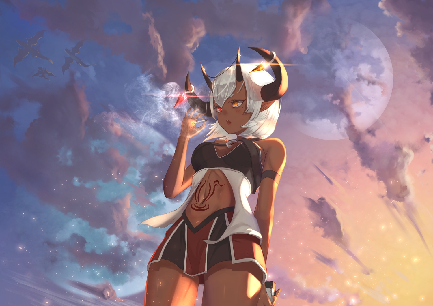 aliasing, announ_(kurotya), bicolored_eyes, breasts, cigarette, clouds, dark_skin, dragon