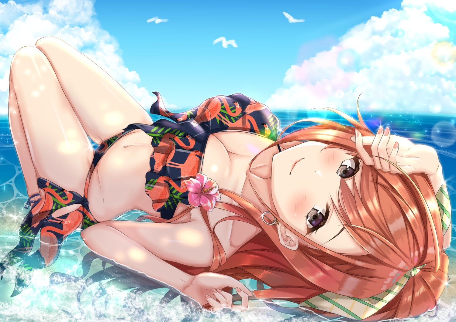 arisugawa_natsuha, bikini, breasts, brown_hair, cleavage, clouds, flowers, gray_eyes