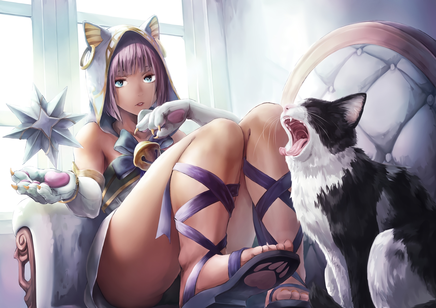 animal, animal_ears, bell, blue_eyes, cat, elbow_gloves, gloves, hinoru_saikusa, hood, menat, pink_hair, short_hair, street_fighter