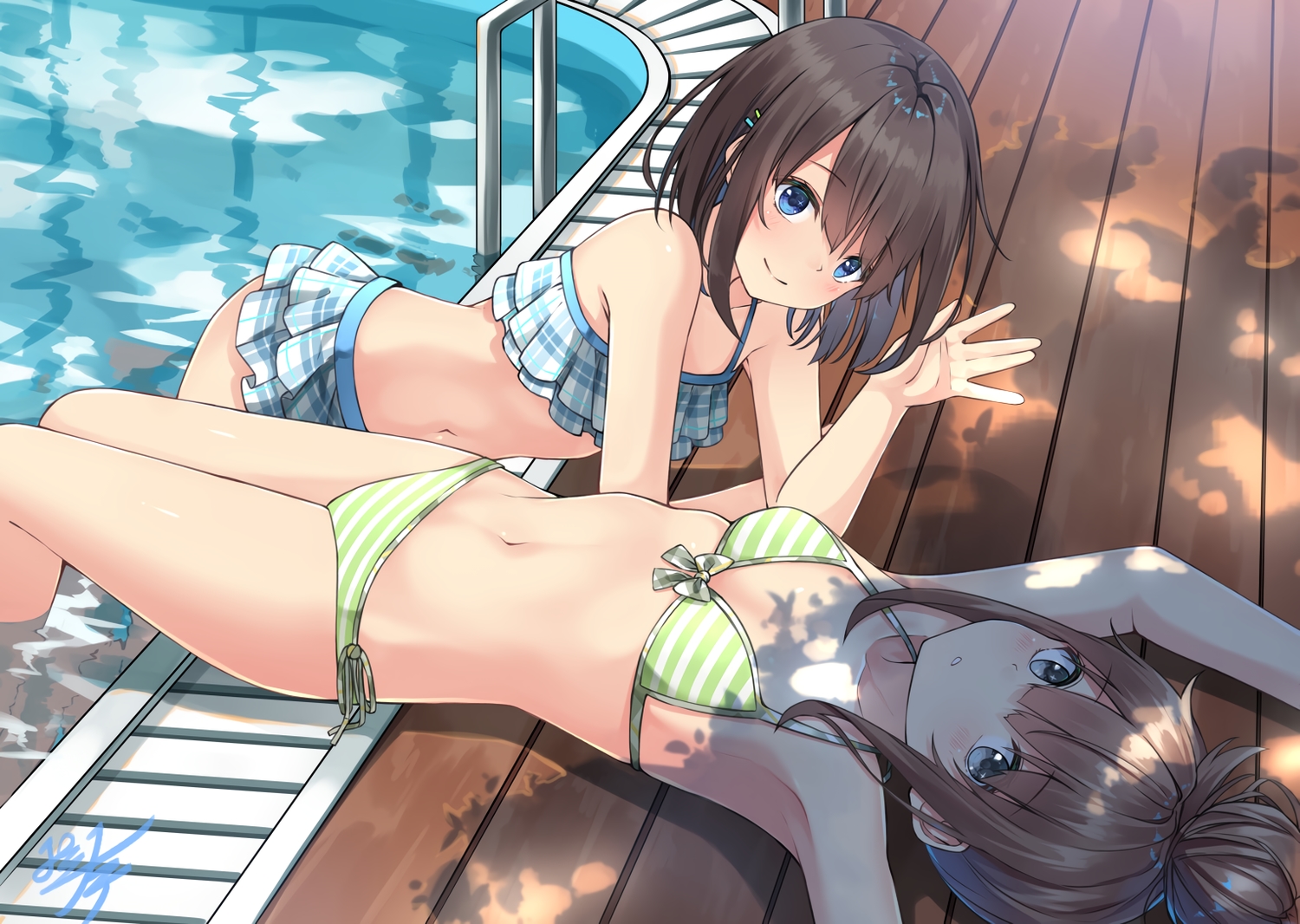 2girls, bikini, blue_eyes, brown_hair, gray_eyes, miko_fly, original, pool, shade, short_hair, signed, swimsuit, water, wet