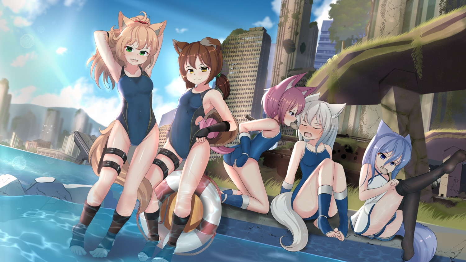 aliasing, animal_ears, doggirl, dress, food, garter, group, hotel01, kneehighs, knife, loli, original, ruins, summer_dress, swim_ring, swimsuit, tail, thighhighs, weapon, wolfgirl