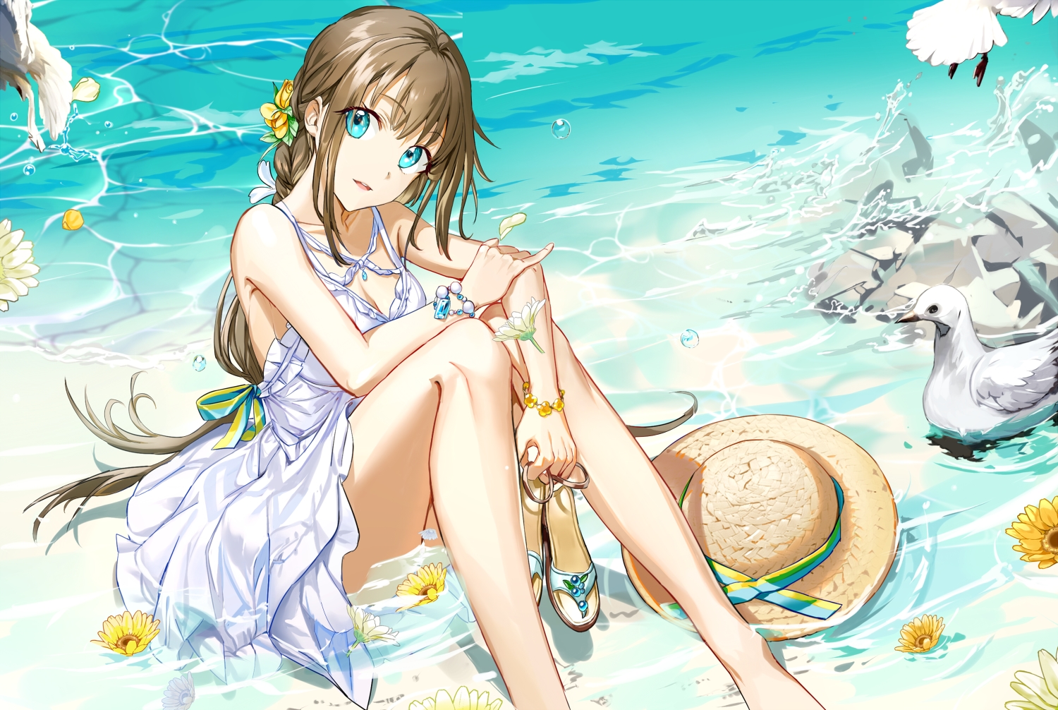 animal, aqua_eyes, bird, braids, breasts, brown_hair, cleavage, ddaomphyo