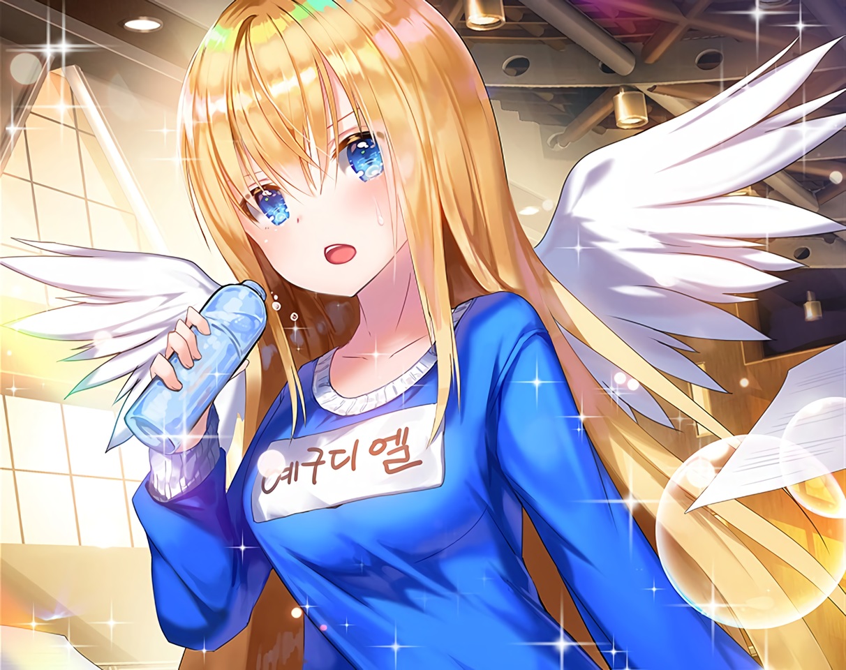 applecaramel_(acaramel), aqua_eyes, blonde_hair, close, cropped, drink, gym_uniform, long_hair, paper, qurare_magic_library, waifu2x, wings