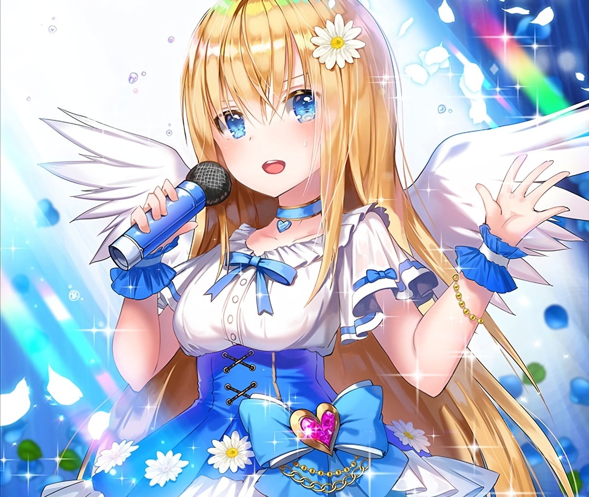 applecaramel_(acaramel), aqua_eyes, blonde_hair, bow, choker, cropped, dress, flowers, long_hair, microphone, petals, qurare_magic_library, waifu2x, wings, wristwear