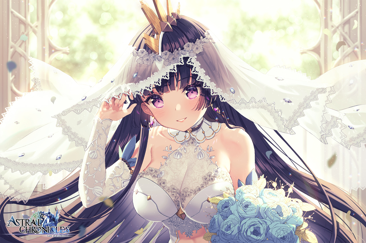 astral_chronicles, breasts, cleavage, close, flowers, headdress, logo, long_hair, purple_eyes, purple_hair, rose, rosuuri, yuki_nozomi