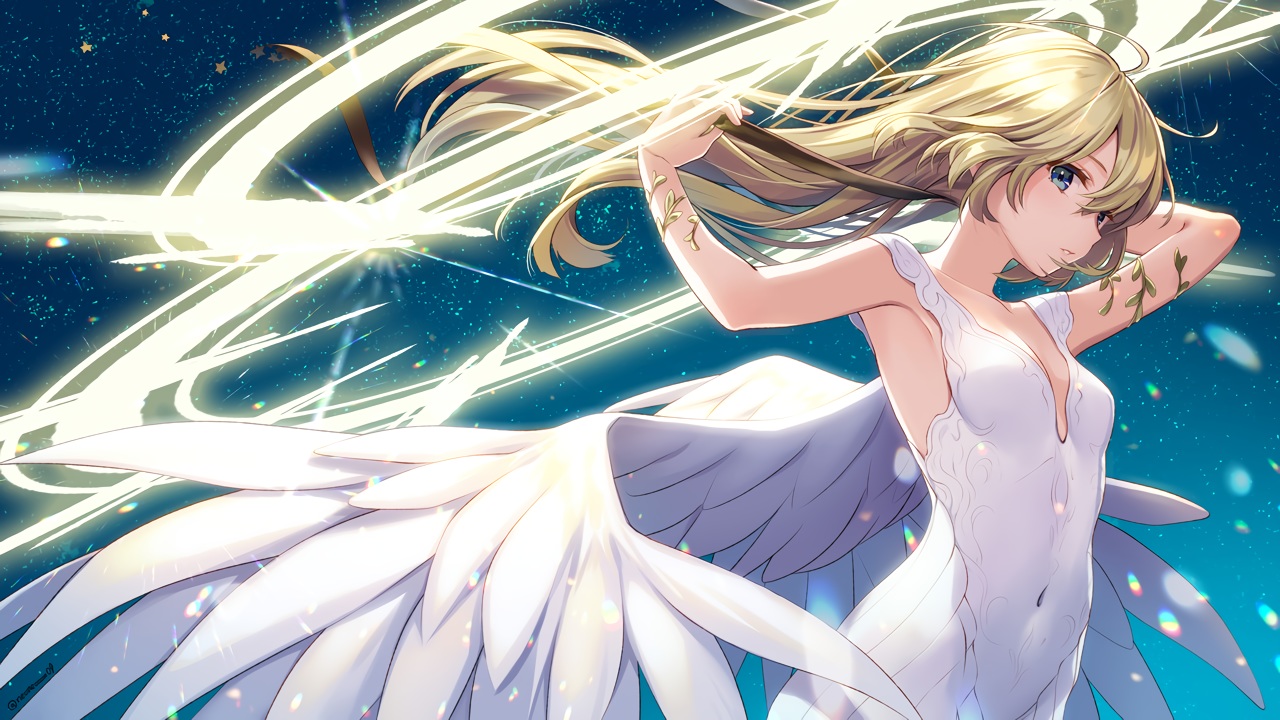 angel, blonde_hair, blue_eyes, dress, long_hair, ne-on, original, sky