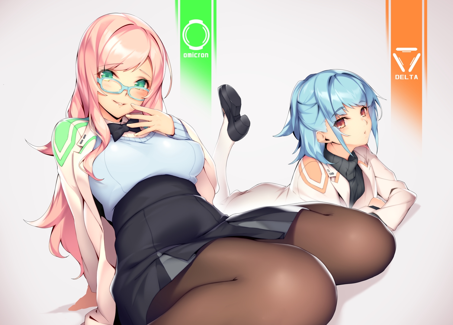 2girls, aqua_hair, brown_eyes, glasses, green_eyes, long_hair, original, pantyhose