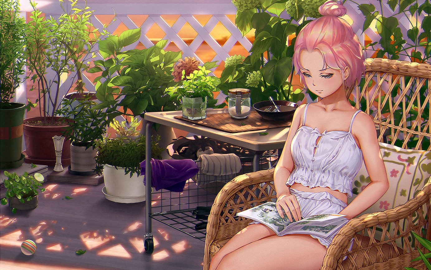 book, cropped, leaves, maou_renjishi, original, pink_hair