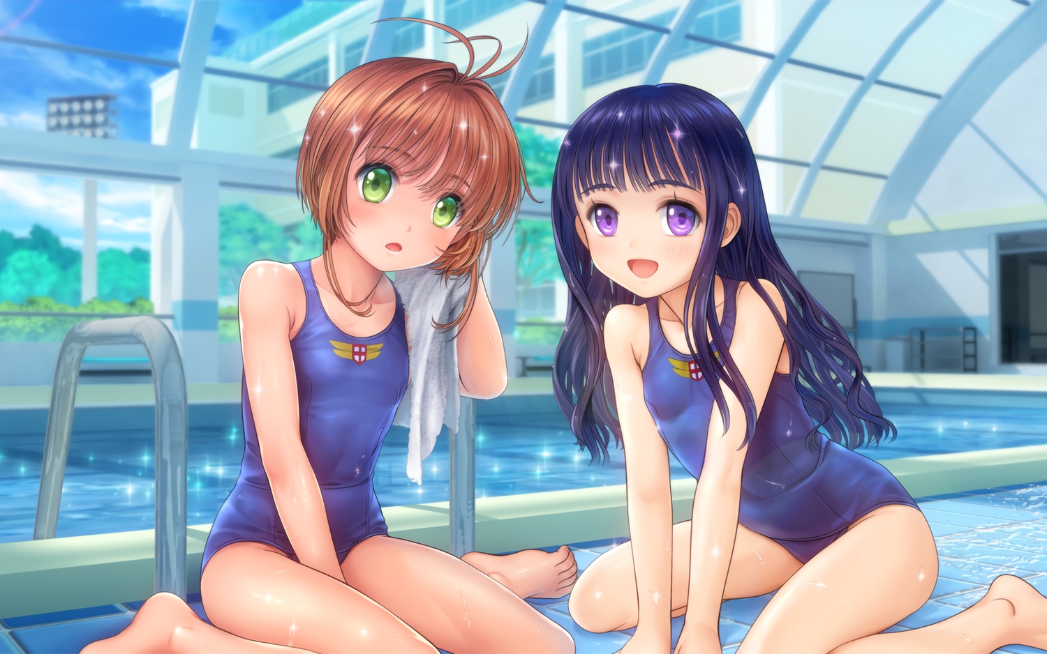 2girls, barefoot, blue_hair, brown_hair, card_captor_sakura, daidouji_tomoyo, green_eyes, kinomoto_sakura