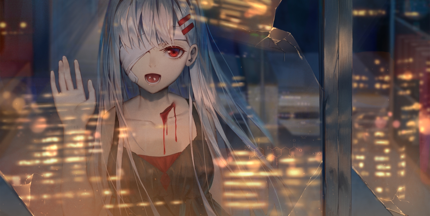 bandage, blood, building, city, eyepatch, ji_dao_ji, long_hair, night, original, red_eyes, reflection, white_hair