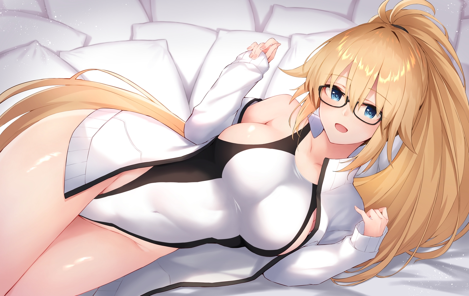 anza_tomo, bed, blonde_hair, blue_eyes, breasts, fate/grand_order, fate_(series), glasses, jeanne_d'arc_(fate), long_hair, ponytail, sideboob, skintight, swimsuit