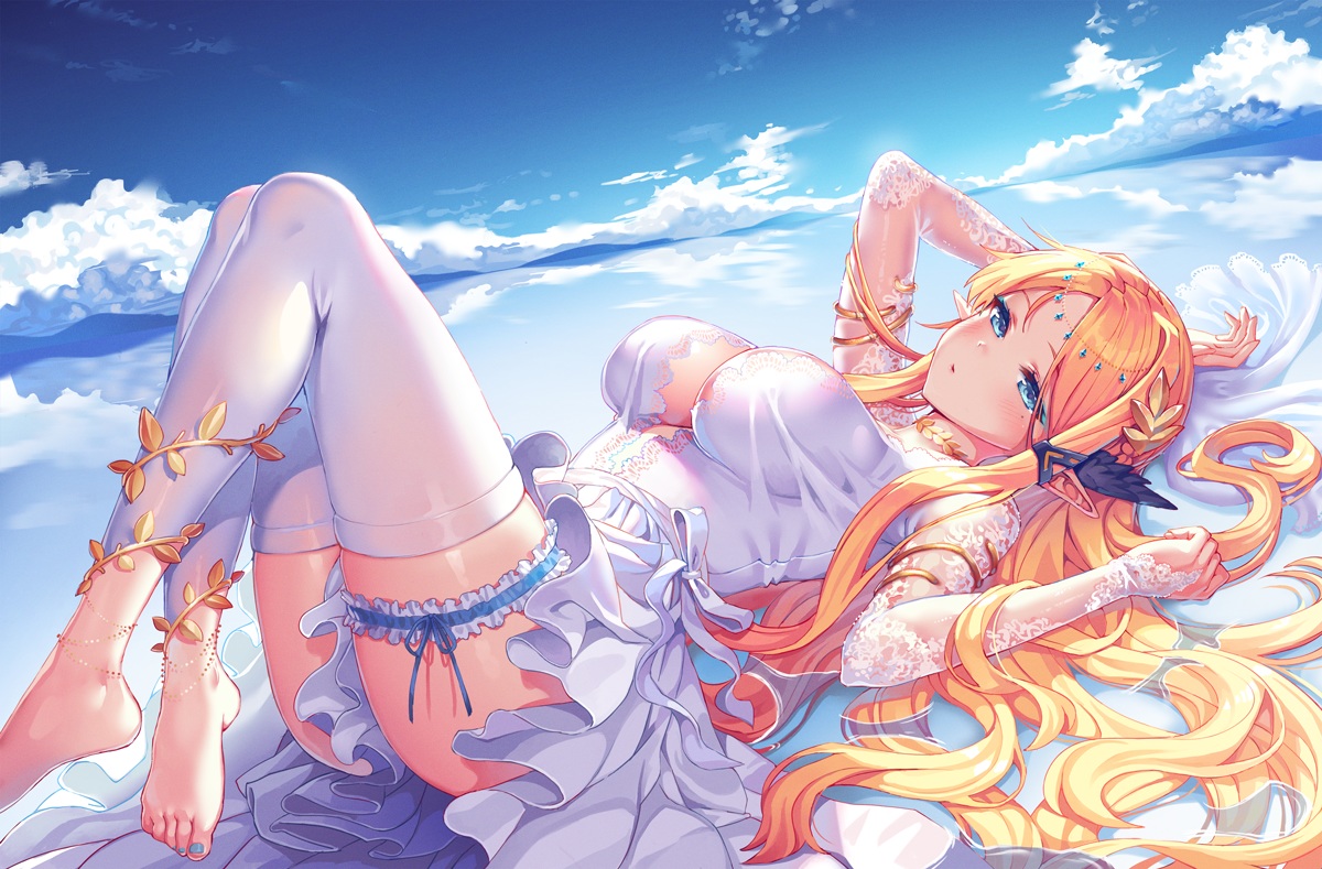 aqua_eyes, astral_chronicles, athena_(astral_chronicles), barefoot, blush, breasts, cleavage, clouds, dress, elbow_gloves, garter, gloves, long_hair, orange_hair, pointed_ears, reflection, satchely, see_through, sky, thighhighs, water