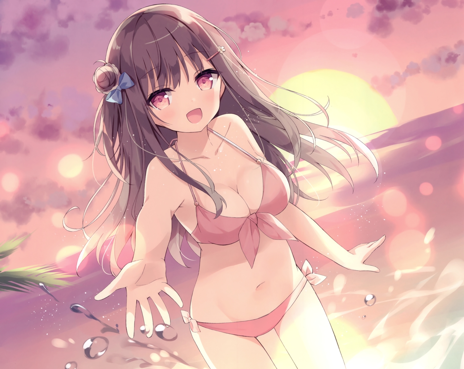 bikini, breasts, brown_hair, cleavage, clouds, hoshi_(snacherubi), long_hair, navel