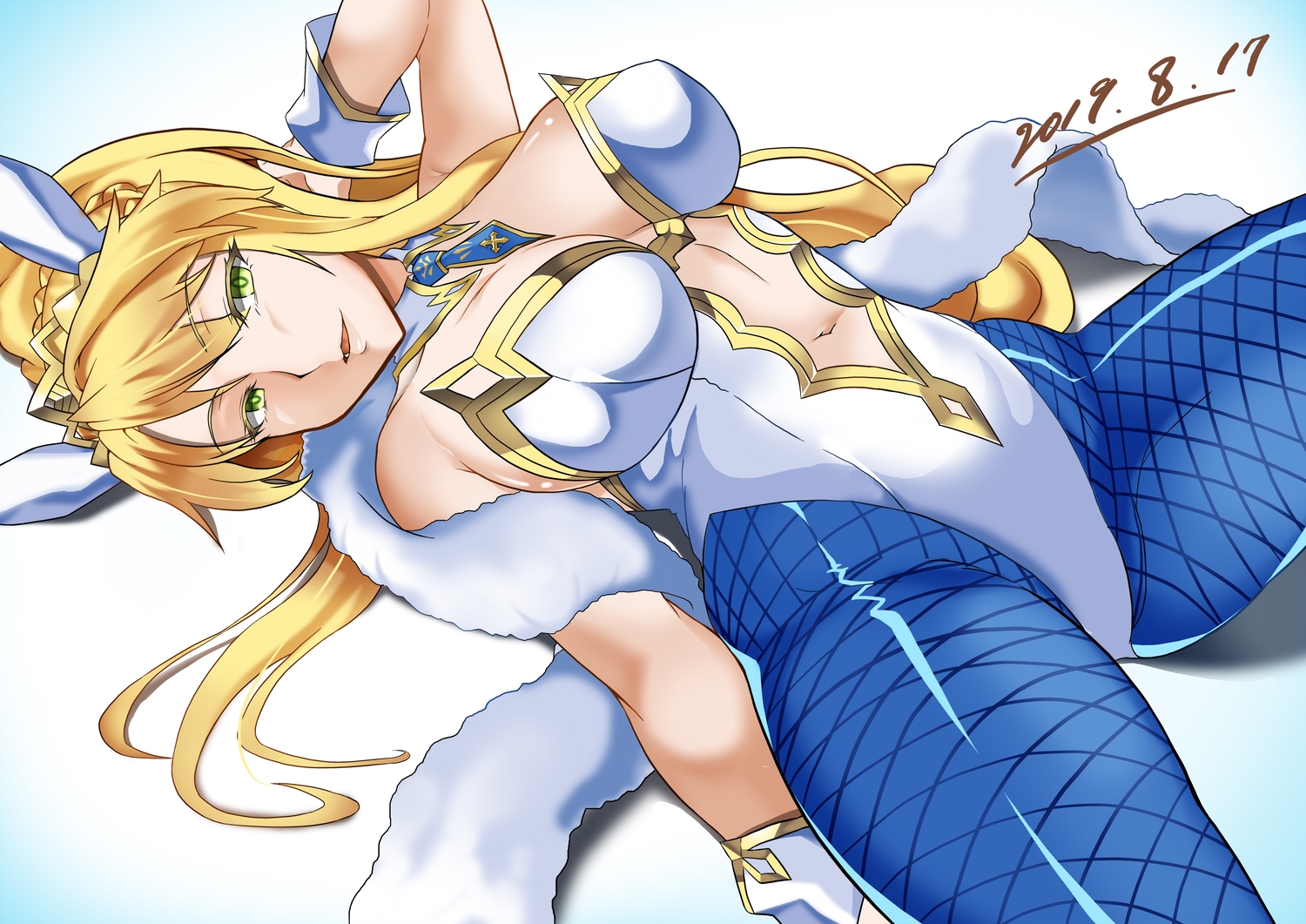 artoria_pendragon_(all), artoria_pendragon_(lancer), blonde_hair, bodysuit, breasts, cleavage, fate/grand_order, fate_(series), gradient, green_eyes, long_hair, navel, pantyhose, shiiki_(love-saber), skintight, tiara, wristwear
